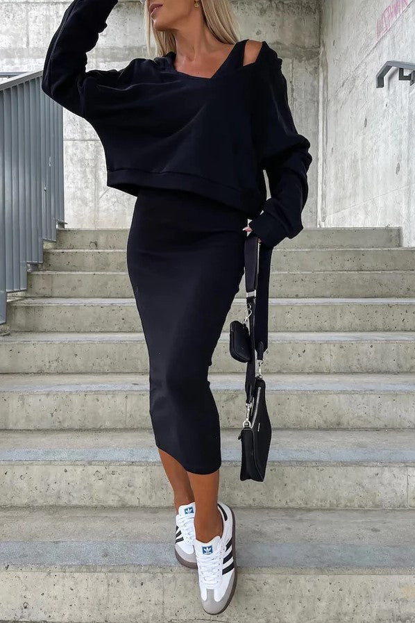 Alina™- Ärmelloses langes Rippenstrickkleid mit tiefem Ausschnitt